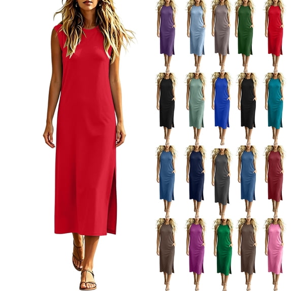Womens Summer Dresses Solid Color Round Neck Sleeveless Maxi Dress with Pockets and Side Slits Fashion Outfit XL
