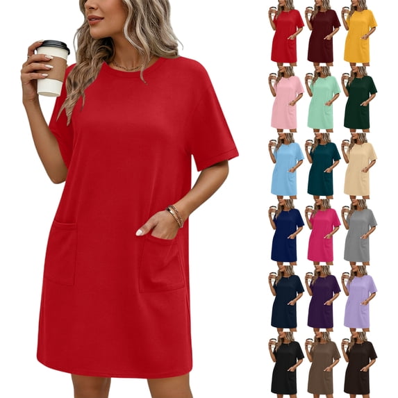 Womens Summer Dresses Solid Pocket Jumpsuit Casual Short Sleeve Round Neck Bandage Dress