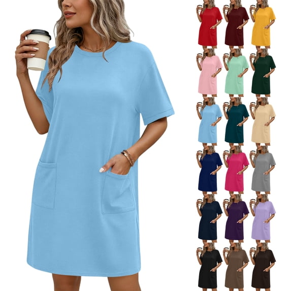 Womens Summer Dresses Solid Pocket Jumpsuit Casual Short Sleeve Round Neck Bandage Dress