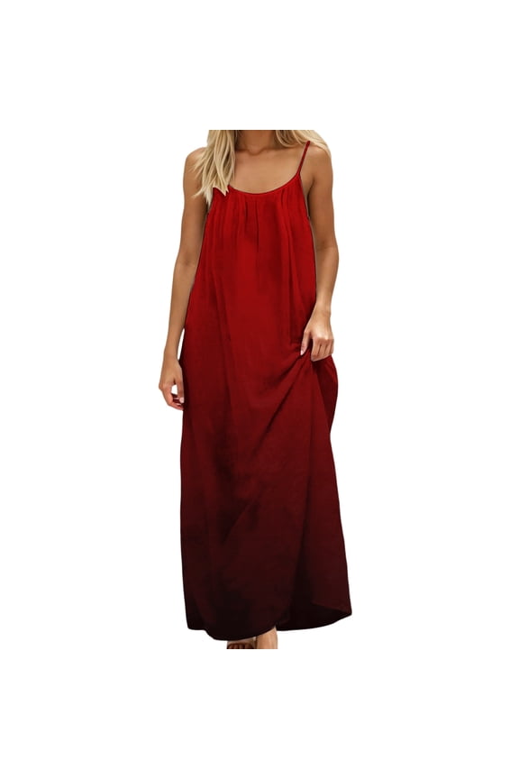 Womens Summer Dresses Spaghetti Strap Backless Gradient Maxi Dress Loose Flowy Sundress for Vacation & Beach Red L