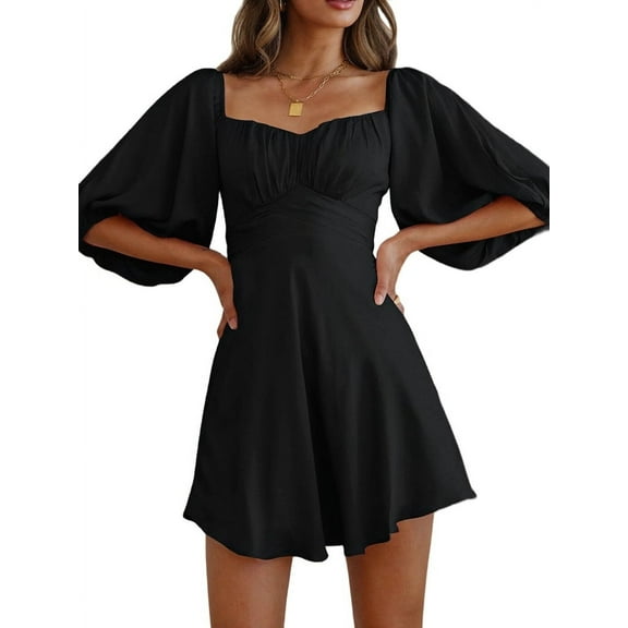 Womens Summer Dresses Square Neck Tie Back Lantern Sleeve Ruffle A-Line Casual Dress Black S