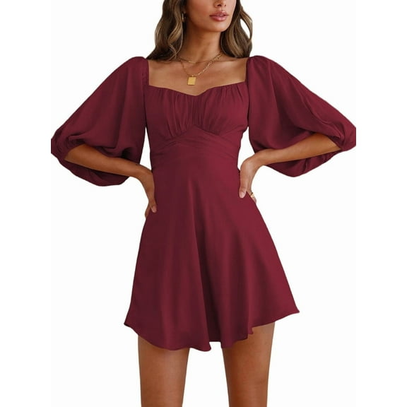 Womens Summer Dresses Square Neck Tie Back Lantern Sleeve Ruffle A-Line Casual Dress Wine Red M