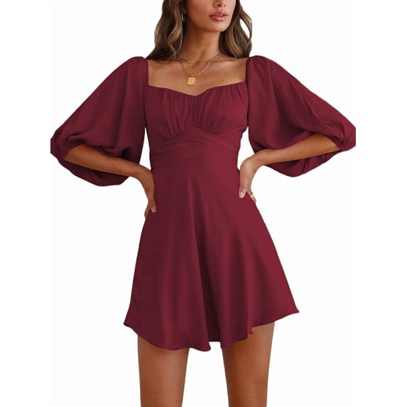 Womens Summer Dresses Square Neck Tie Back Lantern Sleeve Ruffle A-Line Casual Dress Wine Red S