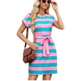 thumbnail image 1 of Womens Summer Dresses Striped Crewneck Short Sleeve T Shirt Dress Casual Tie Waist A Line with Pockets Green Powder XXL, 1 of 9