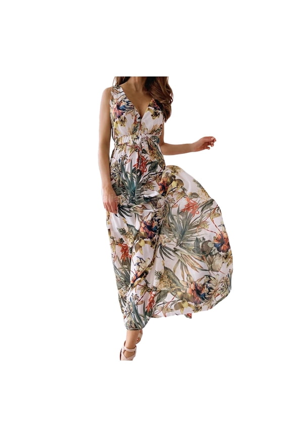 Womens Summer Dresses V Neck Floral Elegant Casual Boho Maxi Long Dress Beach Vacation Clothes for Women Cruise Outfits Vestidos Casuales Para Mujer Classy