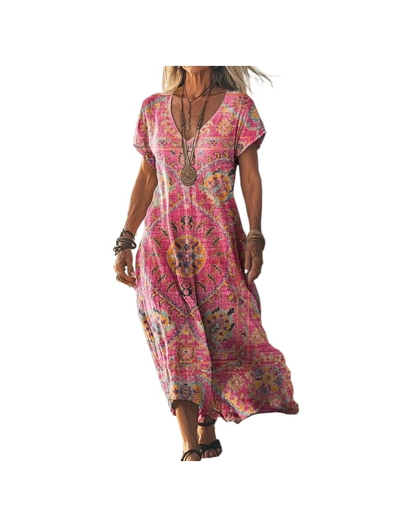 Womens Summer Dresses V-Neck Short Sleeve Tie-Dye Maxi Dress Loose Flowy Sundress for Vacation & Beach Hot Pink M
