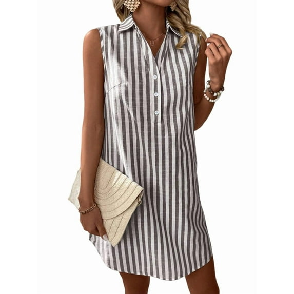Womens Summer Dresses V Neck Sleeveless Striped Button Up Mini Casual Coverup Dress Black XXL