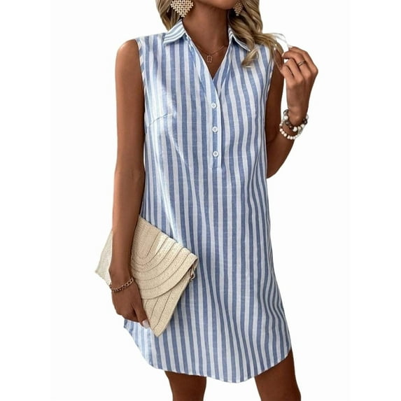 Womens Summer Dresses V Neck Sleeveless Striped Button Up Mini Casual Coverup Dress Blue XXL