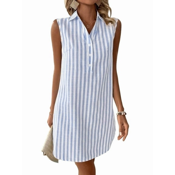 Womens Summer Dresses V Neck Sleeveless Striped Button Up Mini Casual Coverup Dress Light Blue M