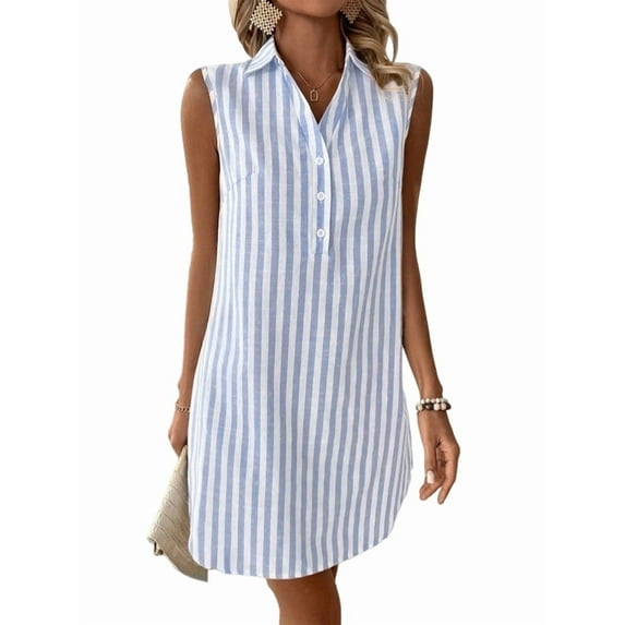 Womens Summer Dresses V Neck Sleeveless Striped Button Up Mini Casual Coverup Dress Light Blue M