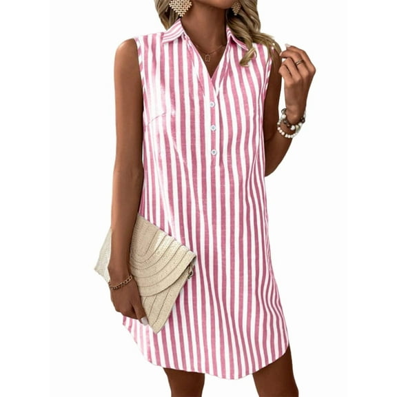 Womens Summer Dresses V Neck Sleeveless Striped Button Up Mini Casual Coverup Dress Wine Red XL