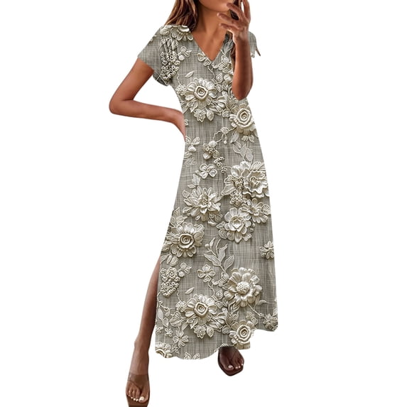 Womens Summer Dresses V-Neck Solid Casual Short Sleeved Long New Dress