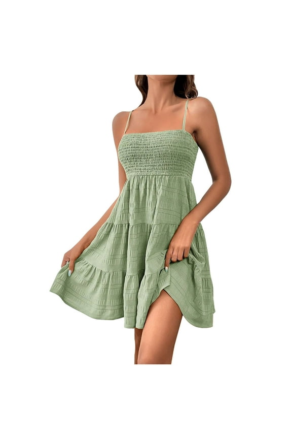 Womens Summer Dresses Vacation Casual A Line Dress Ruched Bust Sleeveless Solid Ruffle Hem Short Dress