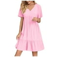 thumbnail image 1 of Womens Summer Dresses Vacation Short Sleeve v Neck Mini T Shirt Dress Pleated Ruffle Flowy Beach Sundresses, 1 of 7