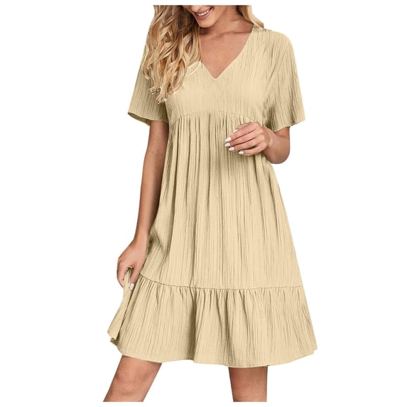 Womens Summer Dresses Vacation Short Sleeve v Neck Mini T Shirt Dress Pleated Ruffle Flowy Beach Sundresses