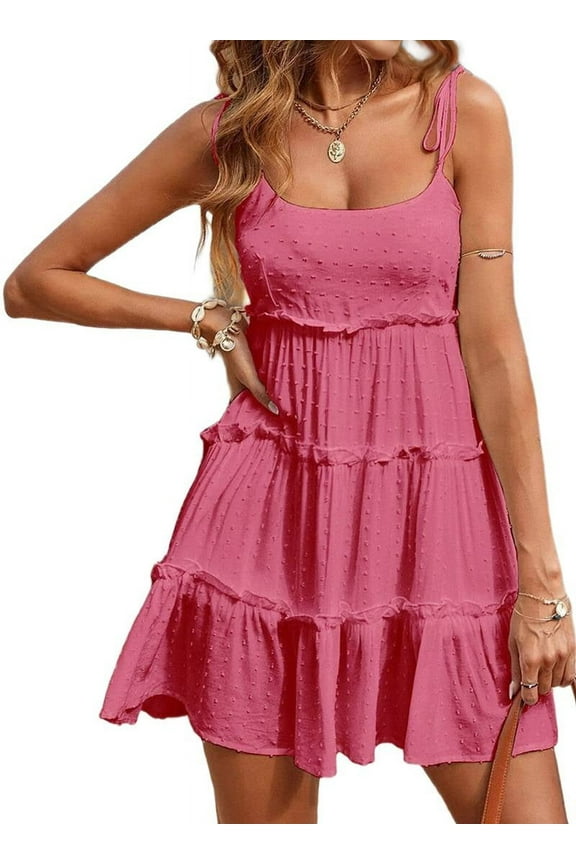 Womens Summer Dresses Wedding Guest Dresses Beach Sundresses Spaghetti Strap Flowy Boho Dress Deep Pink XL