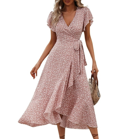 Womens Summer Dresses, Wedding Guest Floral Chiffon Short Sleeve Ruffle V Neck Tie Tunic Flowy Maxi Beach Dress Comfortable Shoes Women Maxi Dresses For 2025 Dresses Midi (S, Pink) ZMTing