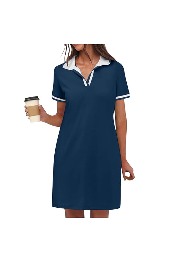 Womens Summer Dresses Women’s Solid Dresses Short Sleeve V Neck Casual Summer Tennis Golf Mini Shirt Dress With Pockets Blue XL