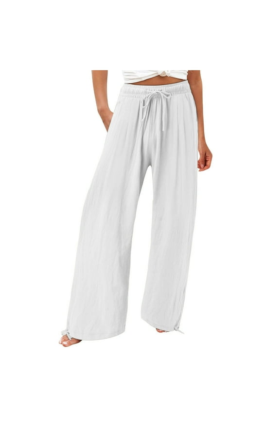 Womens Summer Dresses Womens Daily Mid Waist Pockets Elastic Waist Solid Loose Pants Casual Long Trousers Women Business Clothes Ladies Business Clothes Casual Wear Women Flare Yoga Pants Elas White M