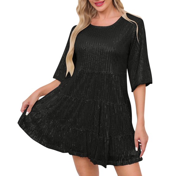 Womens Summer Dresses Womens Solid Color Loose Waist Short Sleeved Skirt Dress Party Sequin Dress Black Xxl