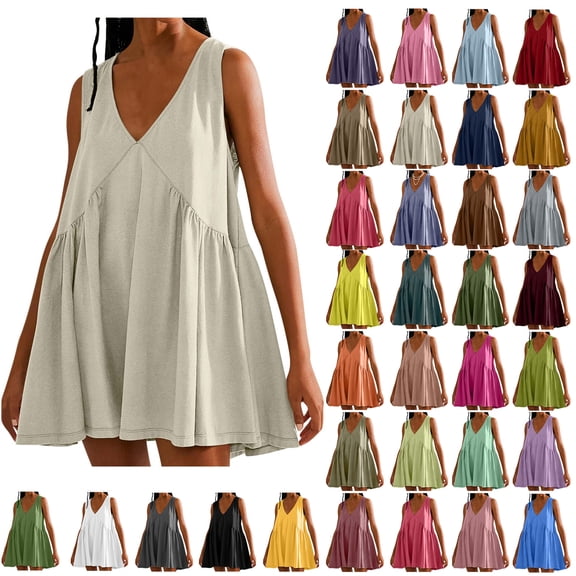 Womens Summer Dresses Womens Summer Sleeveless Mini Dress Casual Loose Solid-Neck Pullover Sundress Flowy Beach Dress With Pocket Pleated Dresses Gift for Her Size S-2XL