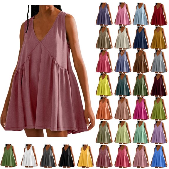 Womens Summer Dresses Womens Summer Sleeveless Mini Dress Casual Loose Solid-Neck Pullover Sundress Flowy Beach Dress With Pocket Pleated Dresses Gift for Her Size S-2XL