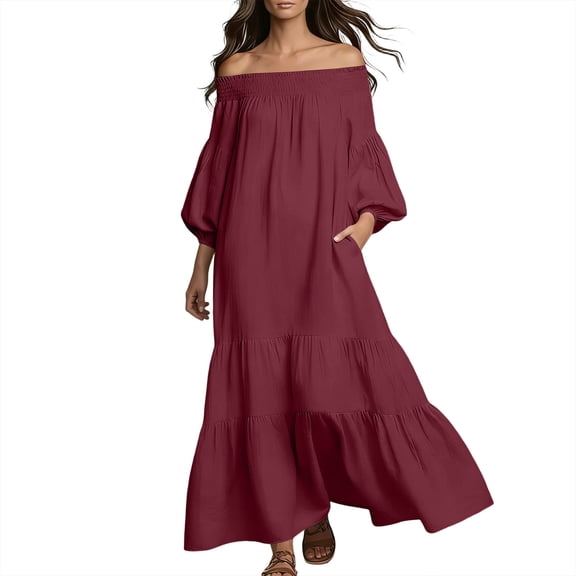 Womens Summer Dresses off Shoulder Maxi Dresses Summer Loose Casual Flowy Ruffled a Line Tiered Pleated Long Sundress