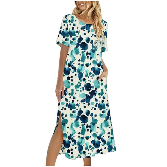 Womens Summer Dresses with Pocket Short Sleeve Floral Dresses Loose Fit Slit Long Dresses Summer Going Out Outfits, Beige, XXL