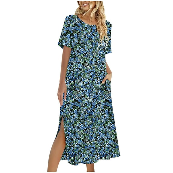 Womens Summer Dresses with Pocket Short Sleeve Floral Dresses Loose Fit Slit Long Dresses Summer Going Out Outfits, Blue, XXL
