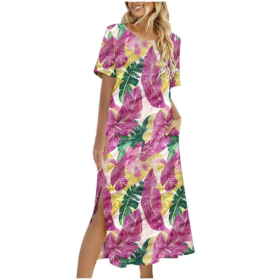Womens Summer Dresses with Pocket Short Sleeve Floral Dresses Loose Fit Slit Long Dresses Summer Going Out Outfits, Hot Pink, XL