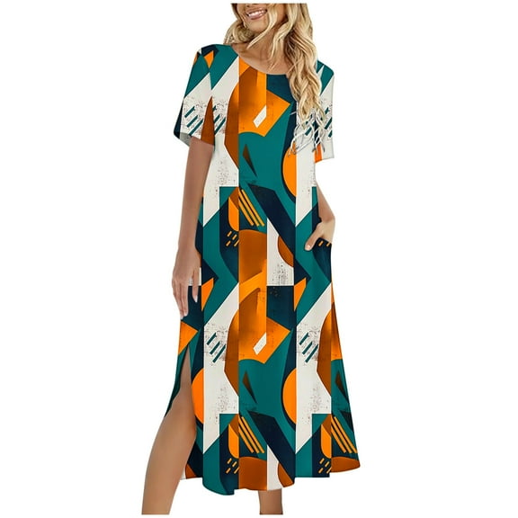 Womens Summer Dresses with Pocket Short Sleeve Floral Dresses Loose Fit Slit Long Dresses Summer Going Out Outfits, Multicolor, S