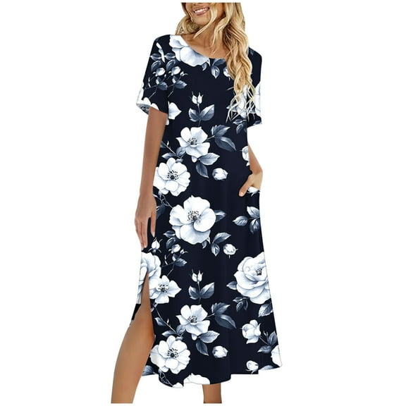 Womens Summer Dresses with Pocket Short Sleeve Floral Dresses Loose Fit Slit Long Dresses Summer Going Out Outfits, Navy, XXL