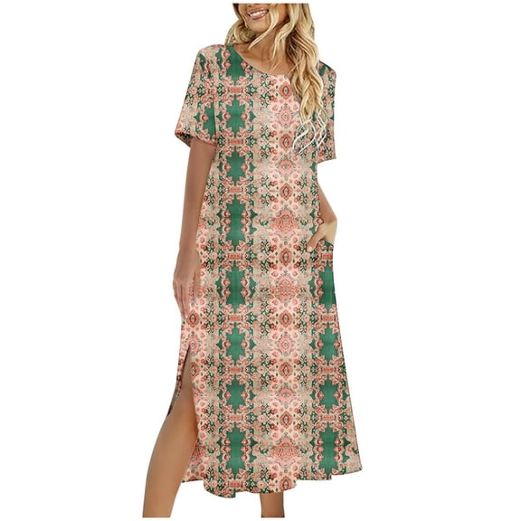 Womens Summer Dresses with Pocket Short Sleeve Floral Dresses Loose Fit Slit Long Dresses Summer Going Out Outfits, Pink, M