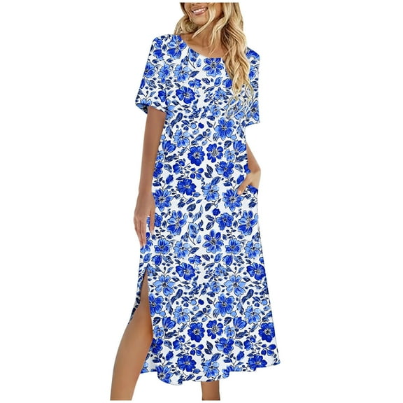 Womens Summer Dresses with Pocket Short Sleeve Floral Dresses Loose Fit Slit Long Dresses Summer Going Out Outfits, Sky Blue, XL