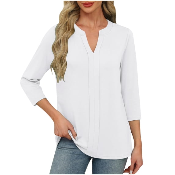 Womens Summer Dressy Blouses, 3/4 Sleeve Shirts for Women Fall Lightweight Casual Solid Color Notch V Neck T-Shirts