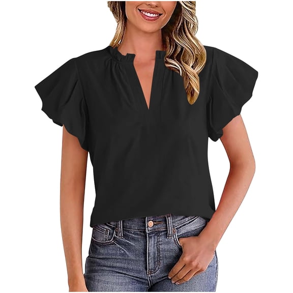 Womens Summer Dressy Blouses, Short Sleeve Shirts for Women Casual Loose Fit Solid Color Ruffle Notch V Neck T-Shirts