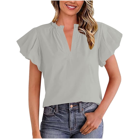 Womens Summer Dressy Blouses, Short Sleeve Shirts for Women Casual Loose Fit Solid Color Ruffle Notch V Neck T-Shirts