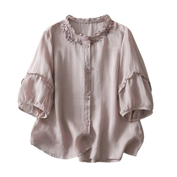 Womens Summer Dressy Blouses, Short Sleeve Shirts for Women Casual Vintage Lace Floral Printed Button Down T-Shirts M-2XL