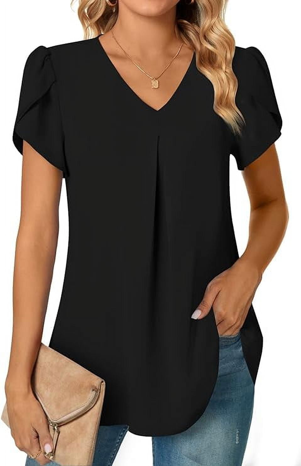 POPYOUNG Women's Summer Casual Short Sleeve Tunic Tops to Wear with Leggings  V-Neck T-Shirt Loose Blouse M, Stripe Black at  Women's Clothing store