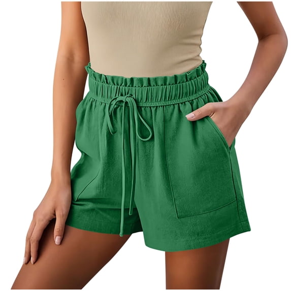 Womens Summer Elastic Waist Drawstring Shorts Ruffle Waist High Waisted Wide Leg Casual Beach Shorts with Pockets Green