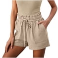 thumbnail image 1 of Womens Summer Elastic Waist Drawstring Shorts Ruffle Waist High Waisted Wide Leg Casual Beach Shorts with Pockets Khaki, 1 of 8