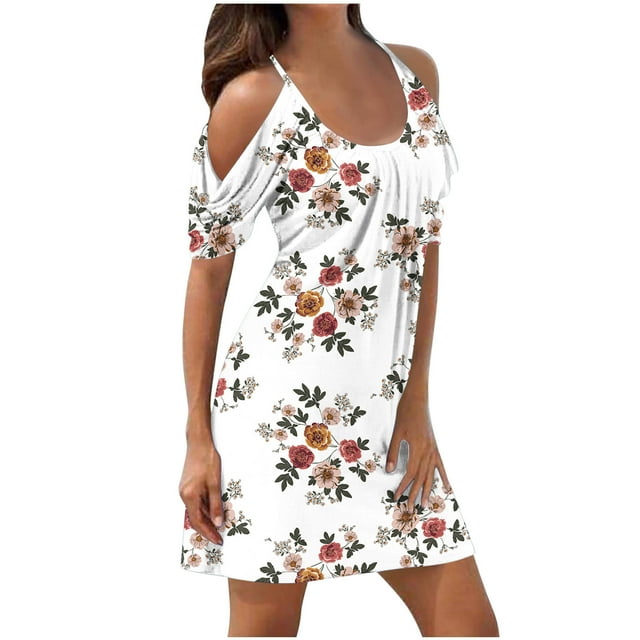 Womens Summer Elegant Floral Print Short Sleeve Scoop Neck Vacation Beach Sundress Cold Shoulder 2111