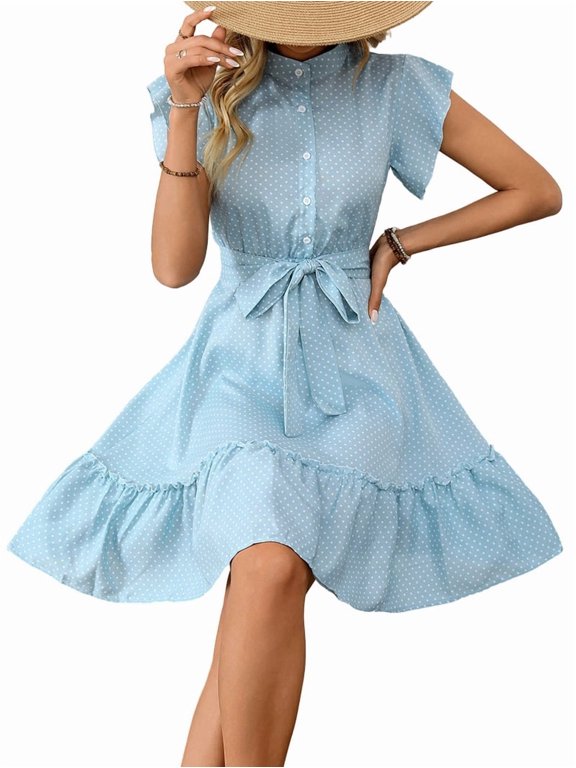 Womens Summer Elegant Polka Dot Print Ruffle Sleeve A Line Tie Waist Midi Dress Casual Chic Wear Blue XL