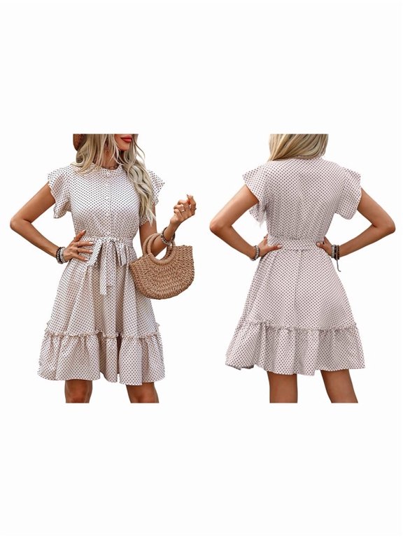 Womens Summer Elegant Polka Dot Print Ruffle Sleeve A Line Tie Waist Midi Dress Casual Chic Wear Color XS