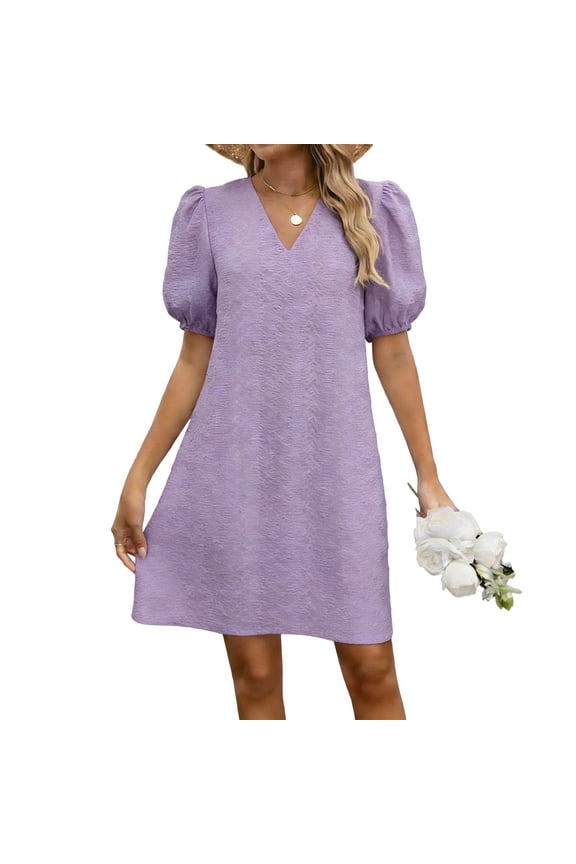 Womens Summer Elegant V Neck Shift Dresses Casual Puff Short Sleeve Solid Color Short Boho Beach Dresses Loose Fit