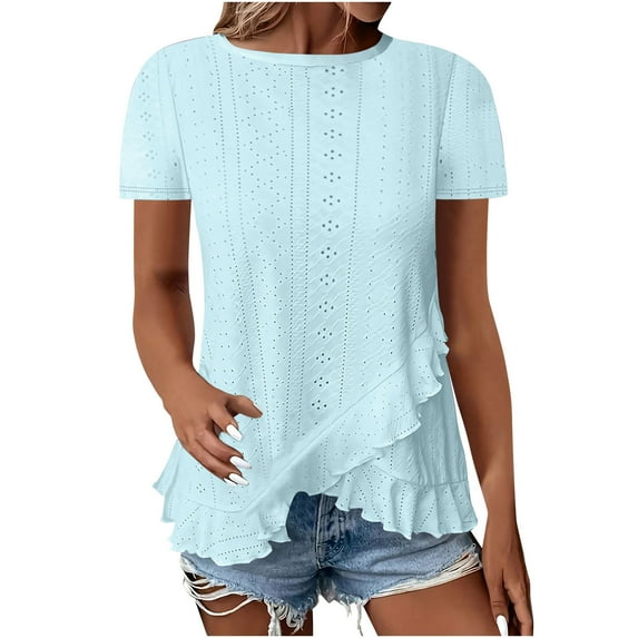 Womens Summer Eyelet T-Shirts Elegant Irregular Ruffle Tunic Tops Crewneck Short Sleeve Tee Shirts