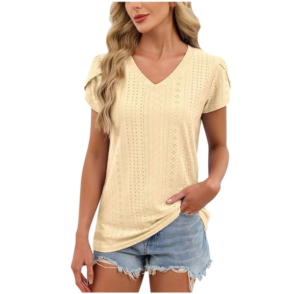Womens Summer Eyelet Tops, Petal Short Sleeve Shirts for Women Casual Hollow Loose Fit Solid Color V Neck Dressy Blouses