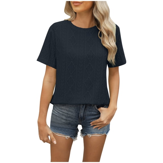 Womens Summer Eyelet Tops, Short Sleeve Shirts for Women Casual Loose Fit Hollow Solid Color Crewneck Dressy Blouses