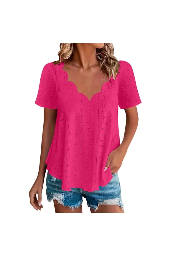 Womens Summer Eyelet Tops, Short Sleeve Shirts for Women Plus Size Casual Hollow Solid Color Wave V Neck Dressy Blouses