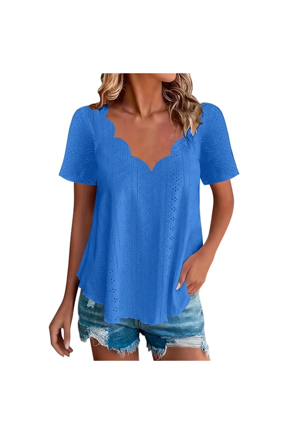 Womens Summer Eyelet Tops, Short Sleeve Shirts for Women Plus Size Casual Hollow Solid Color Wave V Neck Dressy Blouses